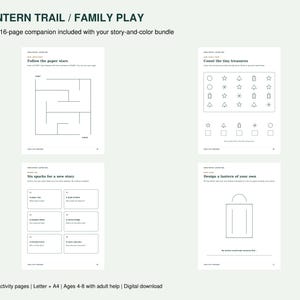 Op de afbeelding: Vier activiteitenpagina's getiteld Lantern Trail / Family Play met een doolhof, een telspel met vormen, een sectie voor verhalen met zes vakken en een lantaarn-tekenactiviteit, inclusief tekstuele instructies en een 16-pagina bijlage.