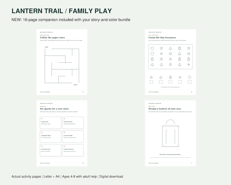 Op de afbeelding: Vier activiteitenpagina's getiteld Lantern Trail / Family Play met een doolhof, een telspel met vormen, een sectie voor verhalen met zes vakken en een lantaarn-tekenactiviteit, inclusief tekstuele instructies en een 16-pagina bijlage.
