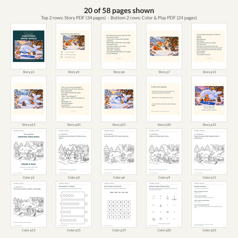 Pode incluir: Uma cole&ccedil;&atilde;o digital de 20 p&aacute;ginas de um conjunto PDF de 58 p&aacute;ginas intitulado Tazi and the Christmas Snow Whale. O documento inclui p&aacute;ginas de hist&oacute;rias ilustradas com uma baleia, raposa e coelho, al&eacute;m de p&aacute;ginas para colorir e atividades.