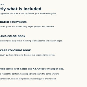 File inventory: a 12-page illustrated book, 12-page story-and-color book, and 10-page landscape coloring book, each in Letter and A4 with shared scenes.