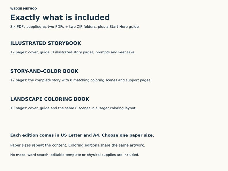 File inventory: a 12-page illustrated book, 12-page story-and-color book, and 10-page landscape coloring book, each in Letter and A4 with shared scenes.
