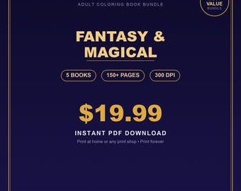 Pacote de Livros de Colorir de Fantasia e Magia — 5 Livros, Mais de 150 Páginas — PDF para Imprimir e Baixar Agora