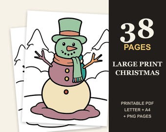 Pode incluir: Um conjunto de livro de colorir digital com 38 páginas de designs de Natal em letras grandes. A capa mostra um boneco de neve com chapéu verde, cachecol e nariz laranja em uma paisagem nevada. O texto inclui 38 PAGES, LARGE PRINT CHRISTMAS, PRINTABLE PDF, LETTER + A4 e PNG PAGES.