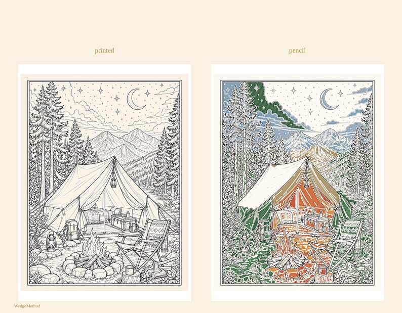 Camping Coloring Book for Adults, 28 Detailed Outdoor, Mountain Lake and Campfire Pages, Nature Coloring, US Letter and A4 PDF image 6