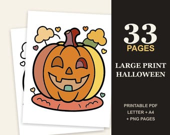 Large Print Halloween Coloring Book for Seniors, 33 Bold Easy Cute Pumpkin Pages (PDF)