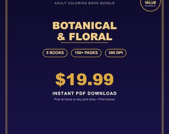 Pacote de Livros de Colorir Botânicos e Florais — 5 Livros, Mais de 150 Páginas — PDF para Impressão - Download Imediato