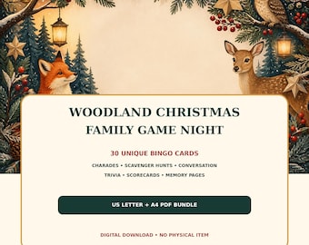 Woodland Christmas Family Game Night Bundle | 30 Bingo Cards, Charades, Trivia & Scavenger Hunts | Printable PDF