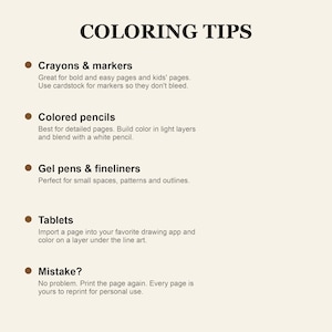 K&ouml;nnte beinhalten: Ein Dokument mit der &Uuml;berschrift COLORING TIPS in dunkelbrauner Schrift auf cremefarbenem Hintergrund. Es listet f&uuml;nf Kategorien auf: Crayons & markers, Colored pencils, Gel pens & fineliners, Tablets und Mistake?, jeweils mit einem braunen Punkt.