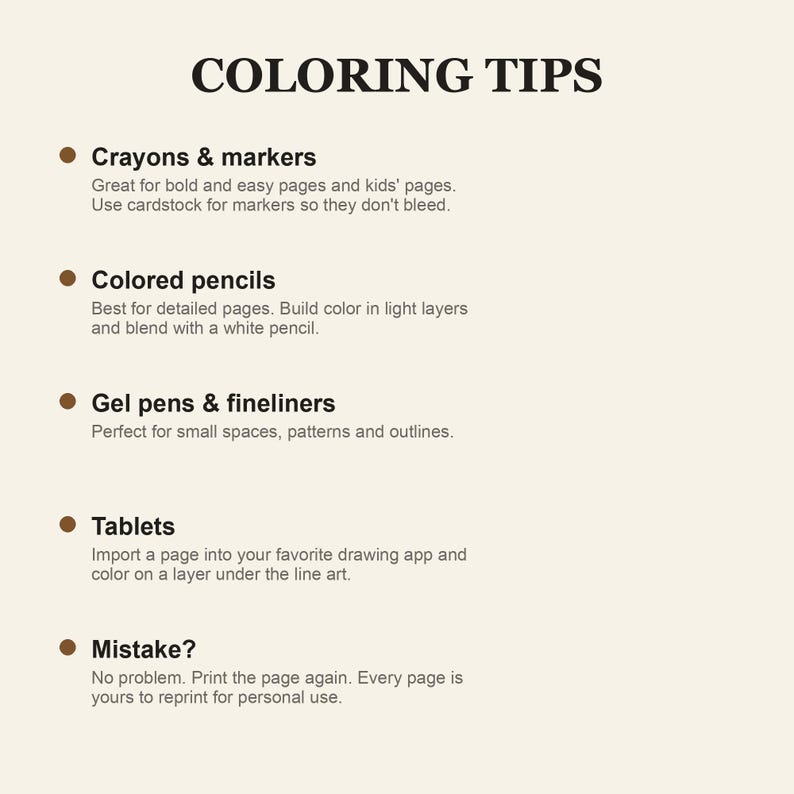 K&ouml;nnte beinhalten: Ein Dokument mit der &Uuml;berschrift COLORING TIPS in dunkelbrauner Schrift auf cremefarbenem Hintergrund. Es listet f&uuml;nf Kategorien auf: Crayons & markers, Colored pencils, Gel pens & fineliners, Tablets und Mistake?, jeweils mit einem braunen Punkt.