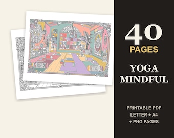 Mindfulness målarbok för vuxna, 40 detaljerade yoga- och meditationsscener, utskrivbar PDF för självvård