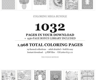 Pode incluir: Um mega pacote digital de colorir com 1.968 páginas no total em 14 coleções temáticas. O texto mostra 1032 páginas no seu download, uma biblioteca bônus de 936 páginas e o formato US Letter de 8,5 x 11 polegadas. Inclui 12 ilustrações.