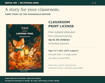 Op de afbeelding: Een digitale PDF-klaslicentie voor het boek Tavi and the Lantern Trail. De omslag toont een vos, konijn en mol in een herfstbos met pompoenen. De tekst bevat Classroom Print License, Up to 30 children en Ages 4-7 met begeleiding.