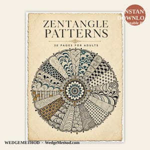 May include: A printable Zentangle Patterns book for adults. The cover features a circular design with intricate black and white patterns, accented with teal and gold. The text reads "Zentangle Patterns" and "30 Pages for Adults."