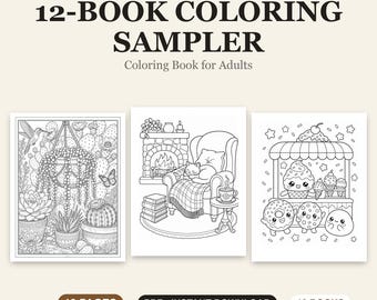 Adult Coloring Book Sampler, 12 Pages from 12 Books, Printable PDF