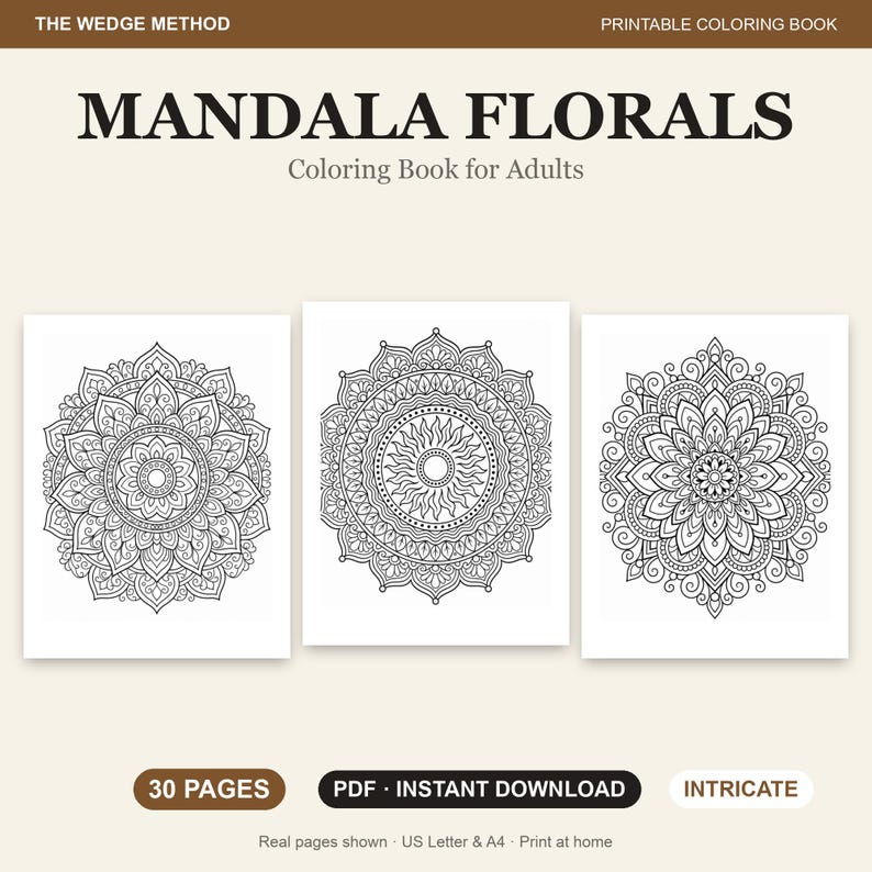 Malbuch mit floralen Mandalas für Erwachsene, 30 detaillierte Blumenmandala-Motive, druckbare PDF-Datei Bild 2