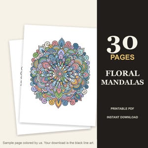 Malbuch mit floralen Mandalas für Erwachsene, 30 detaillierte Blumenmandala-Motive, druckbare PDF-Datei Bild 1