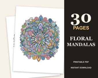 Libro para colorear de mandalas florales para adultos, 30 diseños detallados de mandalas florales, PDF imprimible