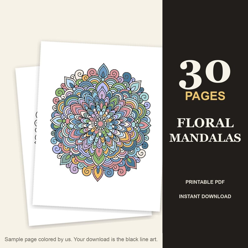Malbuch mit floralen Mandalas für Erwachsene, 30 detaillierte Blumenmandala-Motive, druckbare PDF-Datei Bild 1
