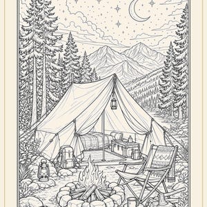 Camping Coloring Book for Adults, 28 Detailed Outdoor, Mountain Lake and Campfire Pages, Nature Coloring, US Letter and A4 PDF image 4