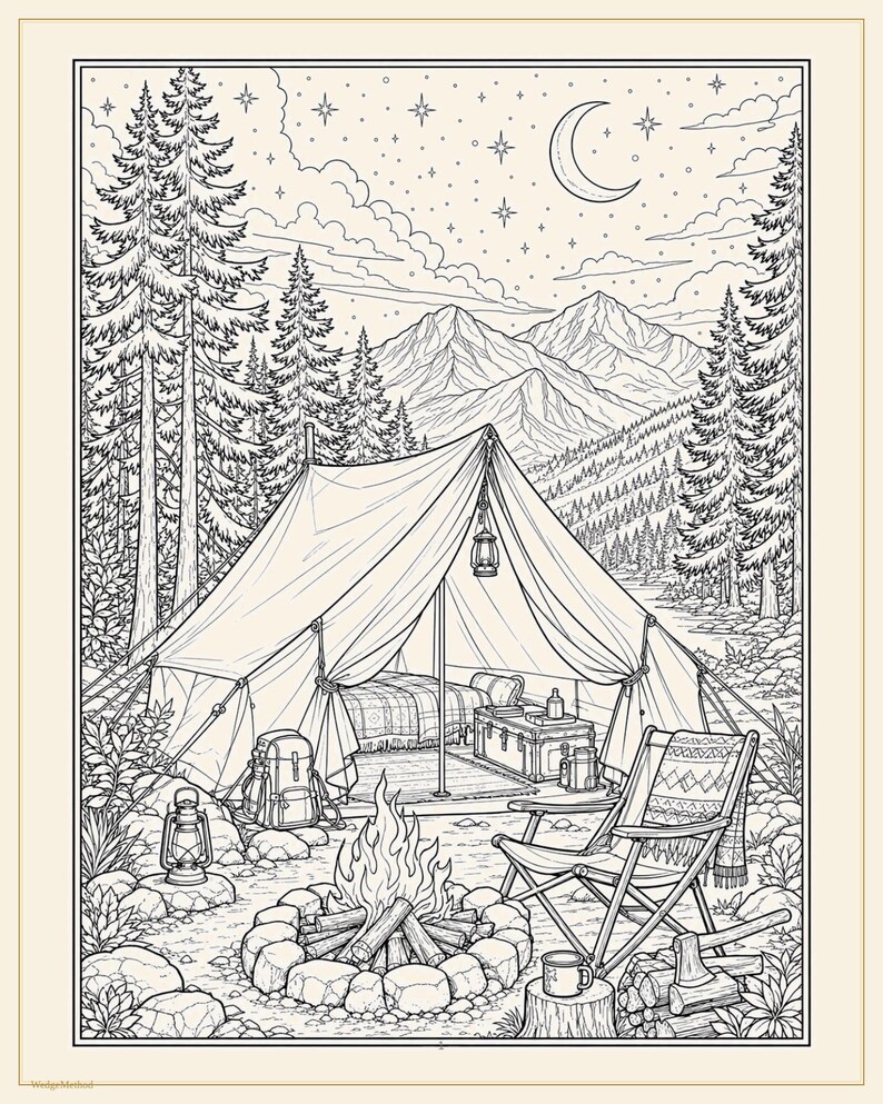 Camping Coloring Book for Adults, 28 Detailed Outdoor, Mountain Lake and Campfire Pages, Nature Coloring, US Letter and A4 PDF image 4
