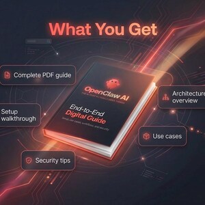 Könnte beinhalten: Ein digitales Handbuch mit dem Titel "End-to-End Digital Guide" von OpenClaw AI, mit rotem und schwarzem Einband. Das Bild zeigt Funktionen wie eine vollständige PDF-Anleitung, eine Setup-Anleitung, einen Architekturüberblick, Anwendungsfälle und Sicherheitstipps.