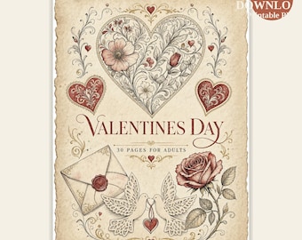 Valentine's Day Coloring Book — 30 Romantic Heart & Rose Pages for Adults — Printable PDF Download