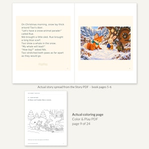 Pode incluir: Uma p&aacute;gina de livro com texto sobre um desfile de animais na neve e uma ilustra&ccedil;&atilde;o de raposa, coelho e toupeira numa floresta nevada. Abaixo, uma p&aacute;gina para colorir a preto e branco mostra as mesmas personagens, uma baleia e o texto A blue curl looks like a wave.