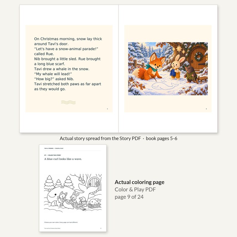 Pode incluir: Uma p&aacute;gina de livro com texto sobre um desfile de animais na neve e uma ilustra&ccedil;&atilde;o de raposa, coelho e toupeira numa floresta nevada. Abaixo, uma p&aacute;gina para colorir a preto e branco mostra as mesmas personagens, uma baleia e o texto A blue curl looks like a wave.