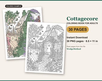 Cottagecore målarbok för vuxna, 30 mysiga stug- och blomsterträdgårdsscener, lantliga målarbilder, utskrivbara