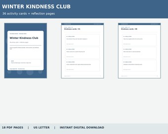 Op de afbeelding: Een digitale downloadset getiteld Winter Kindness Club met 36 activiteitenkaarten en reflectiepagina's. De set bevat een voorpagina en twee voorbeeldvellen met het label Kindness cards 01 en 08, allemaal gepresenteerd op wit papier met blauwe koppen.