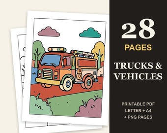 Trucks and Vehicles Coloring Book for Kids Ages 3-8, 28 Printable Pages (PDF)