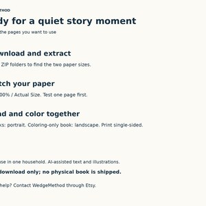 Printing guide: extract ZIP folders, match paper size, print at actual size, read and color together. Personal household use and AI-assisted content disclosure.