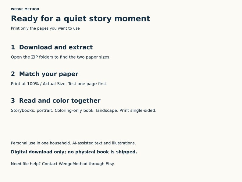 Printing guide: extract ZIP folders, match paper size, print at actual size, read and color together. Personal household use and AI-assisted content disclosure.
