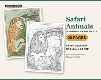 May include: A digital coloring book titled Safari Animals featuring 28 pages. The image displays two versions of a lion illustration: one in full color and one in black and white line art. Text includes Safari Animals, 28 PAGES, and WedgeMethod.