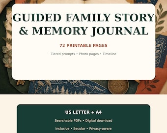 Guided Family Story & Memory Journal | 72 Printable Pages, Interview Prompts, Photo Pages and Timeline | Letter + A4 PDF