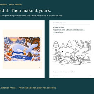 Actual full-color story illustration and matching black-and-white coloring page. The companion has 12 coloring scenes with brief captions, revisiting the same adventure.