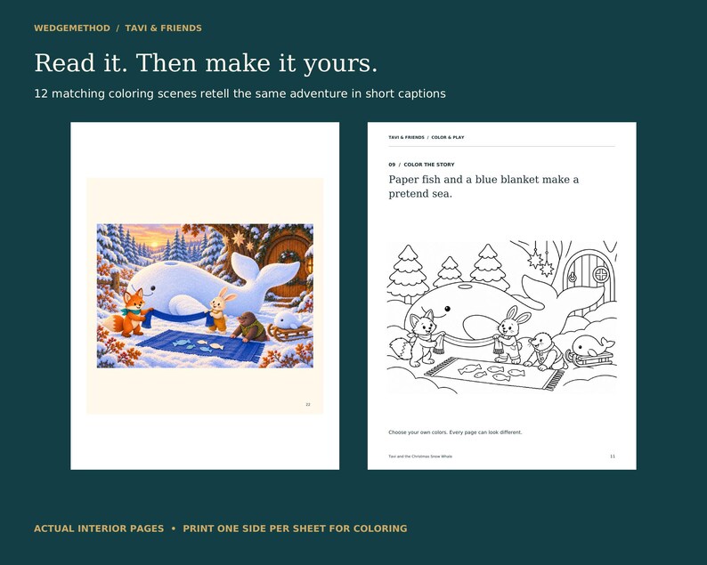 Actual full-color story illustration and matching black-and-white coloring page. The companion has 12 coloring scenes with brief captions, revisiting the same adventure.