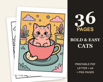 Bold and Easy Cat Coloring Book for Adults and Seniors, 36 Cute Cat Pages, Printable PDF