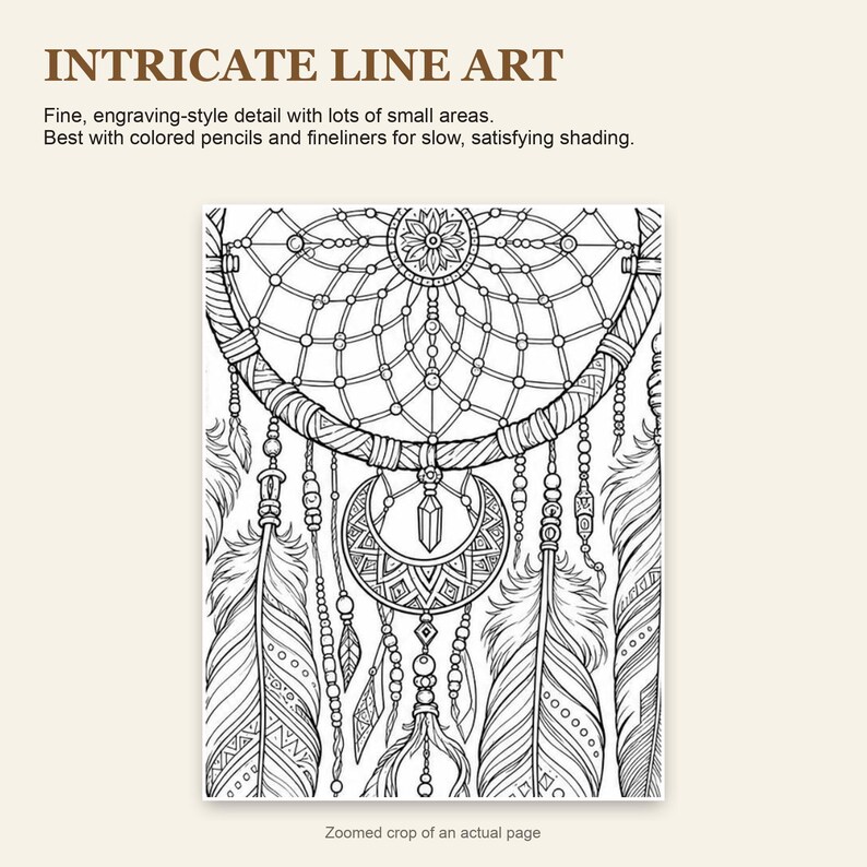 Boho Dreamcatcher Coloring Book for Adults, 28 Intricate Feather and Bohemian Pages, US Letter and A4 PDF image 6