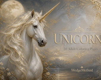 20 Unicorns Coloring Book PDF, Fantasy Adult Pages, Instant Download