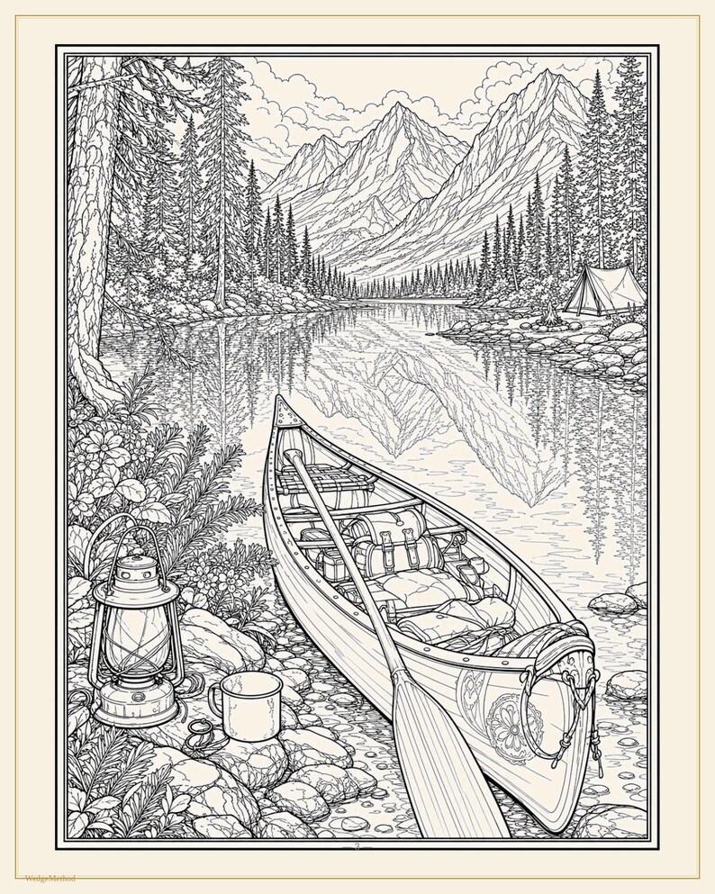Camping Coloring Book for Adults, 28 Detailed Outdoor, Mountain Lake and Campfire Pages, Nature Coloring, US Letter and A4 PDF image 12