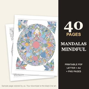 May include: A digital colouring book set featuring 40 pages of mandala designs. The cover displays a circular, multi-layered floral mandala coloured in shades of blue, pink, yellow, and green, with text reading 40 PAGES MANDALAS MINDFUL.