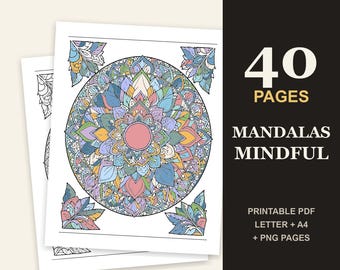 May include: A digital coloring book set featuring 40 pages of mandala designs. The cover displays a circular, multi-layered floral mandala colored in shades of blue, pink, yellow, and green, with text reading 40 PAGES MANDALAS MINDFUL.
