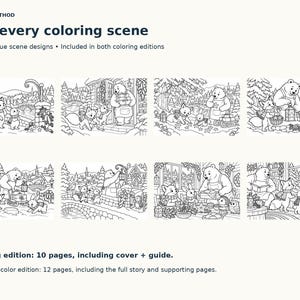 Contact sheet showing all eight included woodland coloring scenes, from the empty lantern hook to the final gathering.