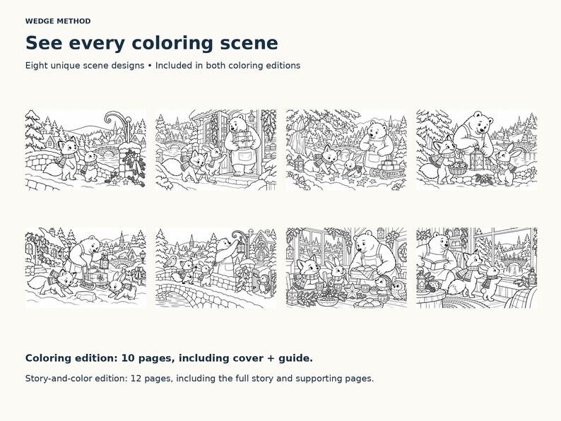 Contact sheet showing all eight included woodland coloring scenes, from the empty lantern hook to the final gathering.
