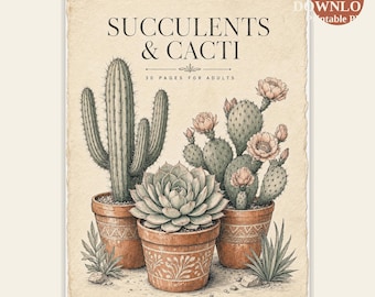 Succulents Cacti Coloring Book Printable | 30 Succulent Pages for Adults | Coloring Pages PDF, Instant Download