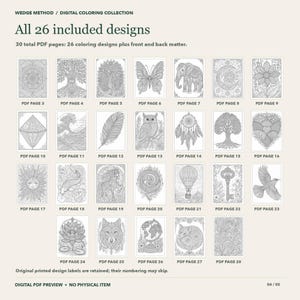 Puede incluir: Una colecci&oacute;n de colorear digital titulada WEDGE METHOD que presenta 26 dise&ntilde;os de arte lineal en blanco y negro. La colecci&oacute;n incluye 30 p&aacute;ginas PDF en total con ilustraciones de animales, naturaleza y patrones, etiquetadas de la 3 a la 28.