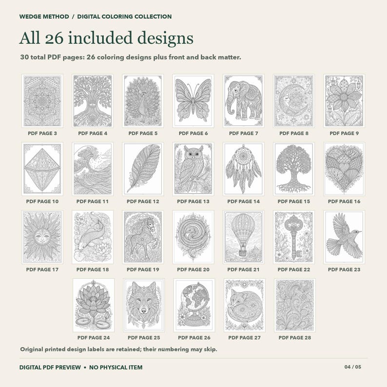Puede incluir: Una colecci&oacute;n de colorear digital titulada WEDGE METHOD que presenta 26 dise&ntilde;os de arte lineal en blanco y negro. La colecci&oacute;n incluye 30 p&aacute;ginas PDF en total con ilustraciones de animales, naturaleza y patrones, etiquetadas de la 3 a la 28.