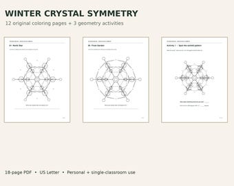 Winter Snowflake Symmetry Coloring Pages, 12 Geometric Designs + 3 Activities PDF | Classroom Printable