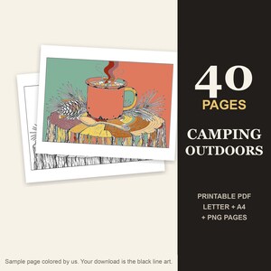 Może przedstawiać: Cyfrowy zestaw kolorowanek zatytułowany 40 PAGES CAMPING OUTDOORS, zawierający kolorową ilustrację czerwonego kubka na pniu drzewa z szyszką i łyżką oraz wersję czarno-białą w formie pliku PDF gotowego do wydruku.